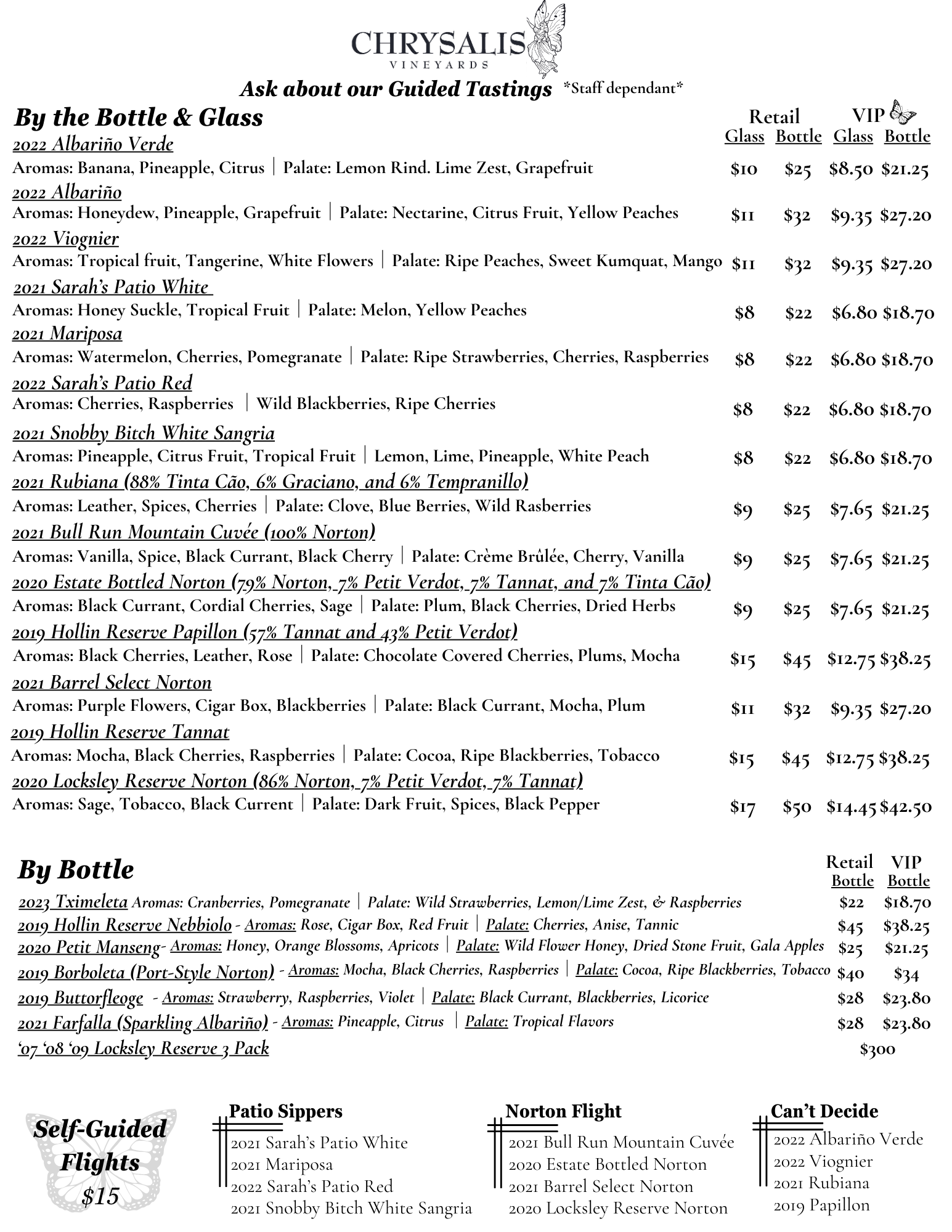 Chrysalis Vineyards - Visit - Our Menu